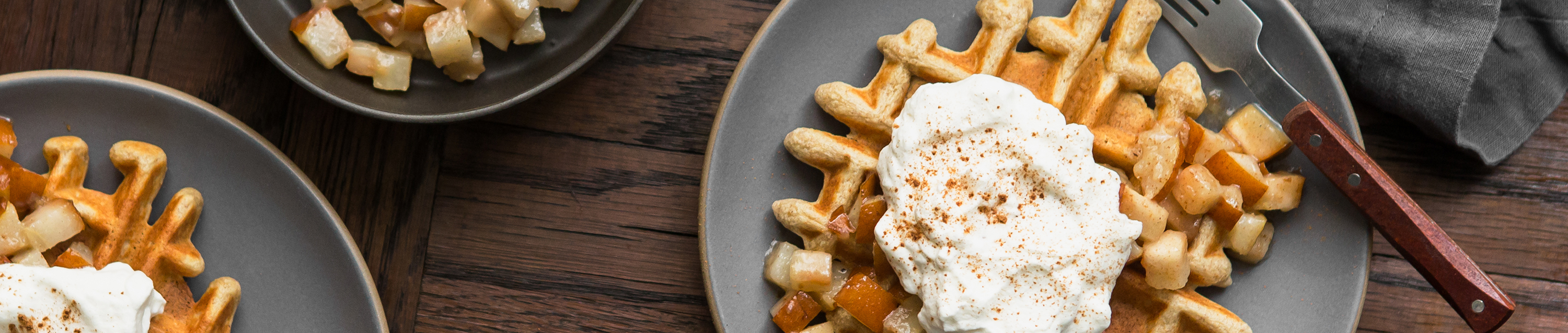 Multigrain Waffles with Cardamom Bosc Pears & Whipped Cream